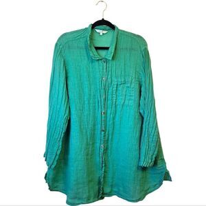 Kleen Teal Green 100% Linen Oversized Button Down Blouse Women's Size 1X